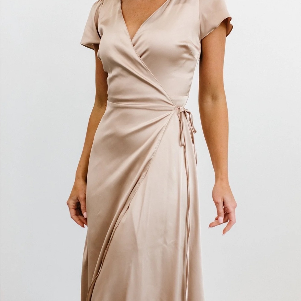 Krystal Satin Wrap Dress in Champagne